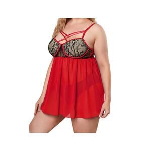 Women's Babydoll Lingerie Red Lace Bust Chemise Nightie and Sheer Panty Set 2X